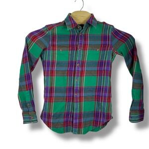 Ralph Lauren Button Down Shirt Women 6 Small Green Multi Plaid Cotton Preppy
